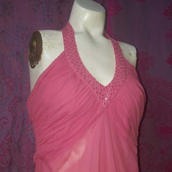 2/$35 Bebe Coral Pink Beaded Ruched Silk Halter Top - Picture 3 of 16